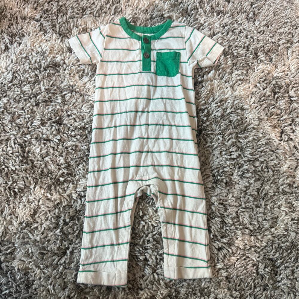 Old Navy Green Stripe Romper Jumpsuit Baby Outfit 6-12 Months Boy Gender Neutral